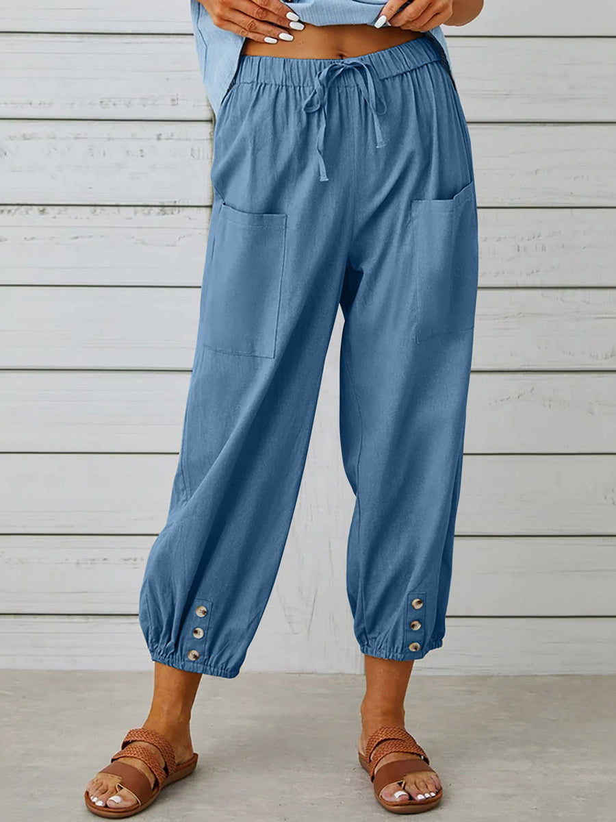 Solid Color Pockets Elasticity Drawstring Buttoned Plus Size High Waisted Trousers Ninth Pants