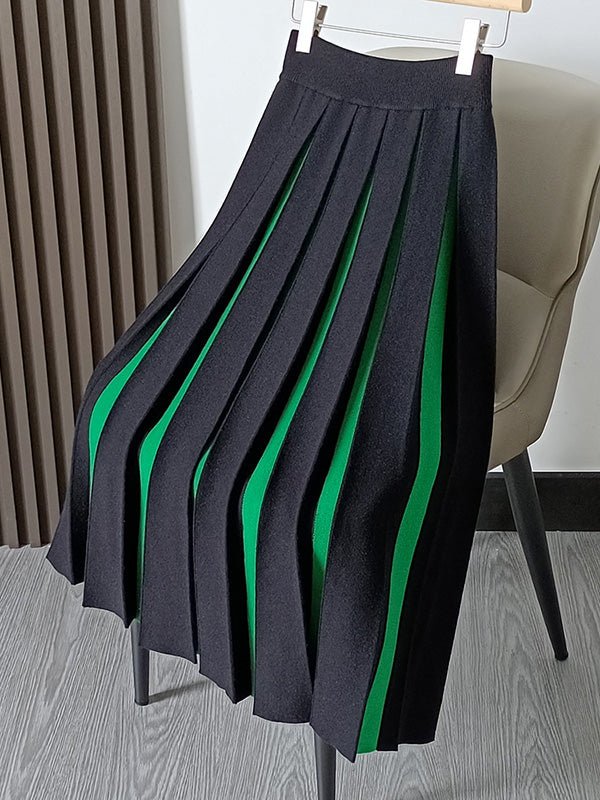 A-Line Loose Contrast Color Pleated Skirts Bottoms