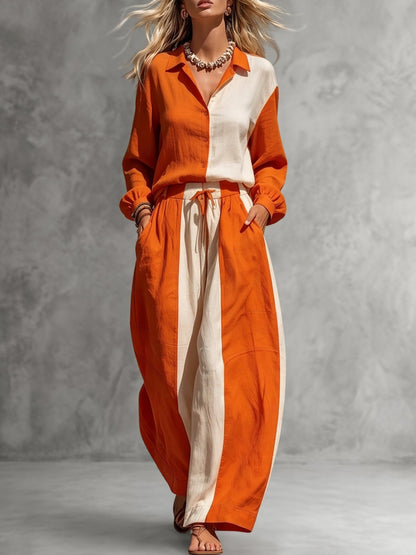 Long Sleeves Puff Sleeves Buttoned Contrast Color Lapel Blouses&Shirts Tops