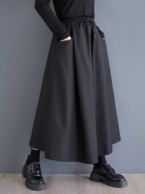 A-Line High Waisted Drawstring Elasticity Pockets Solid Color Culotte Pants