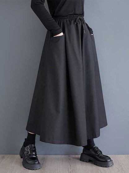 A-Line High Waisted Drawstring Elasticity Pockets Solid Color Culotte Pants