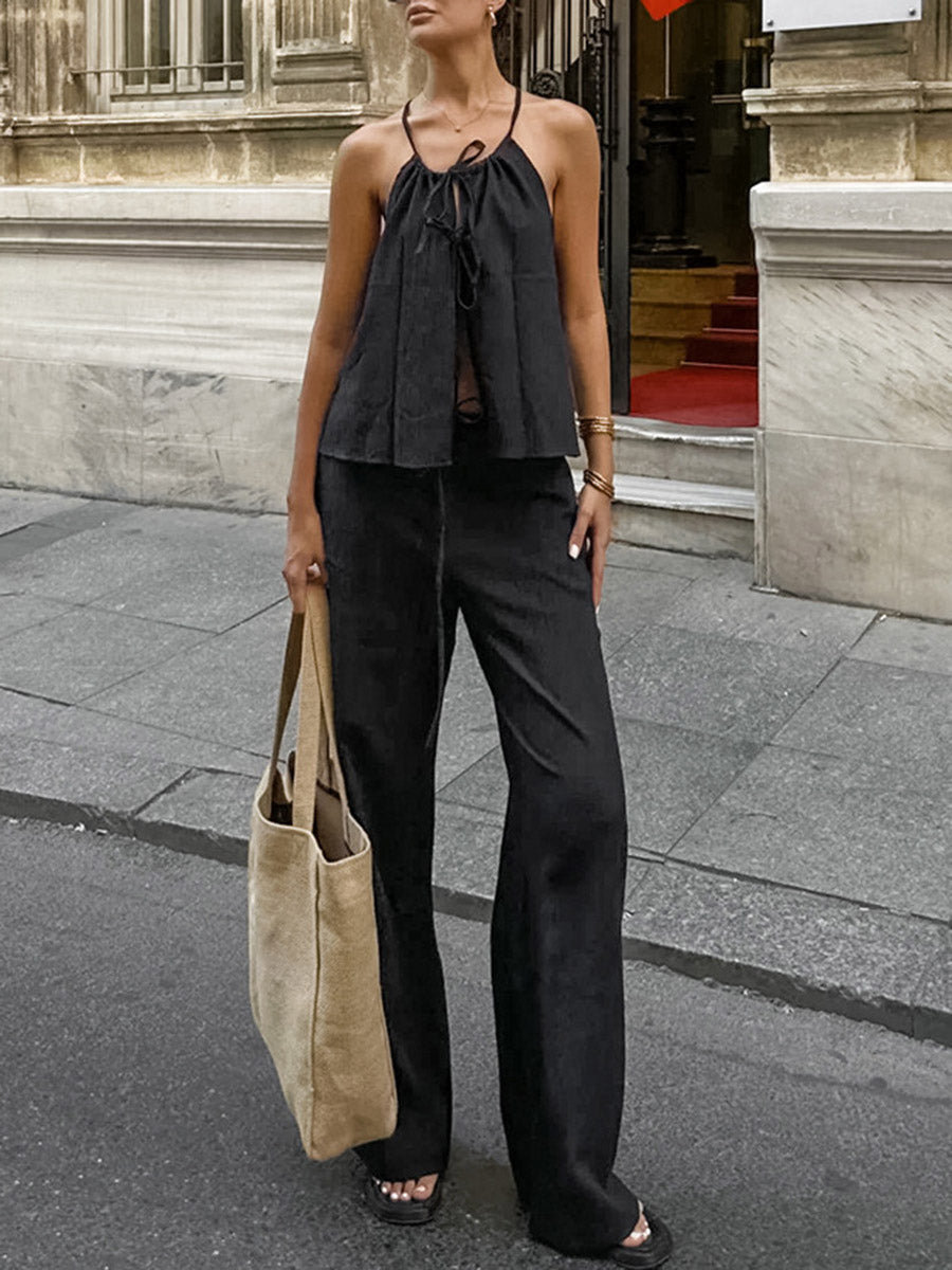 Solid Color Halter-Neck Cropped Pleated Split-Joint Tank Top + High Waisted Elasticity Tied Waist Pants Trousers Two Pieces Set