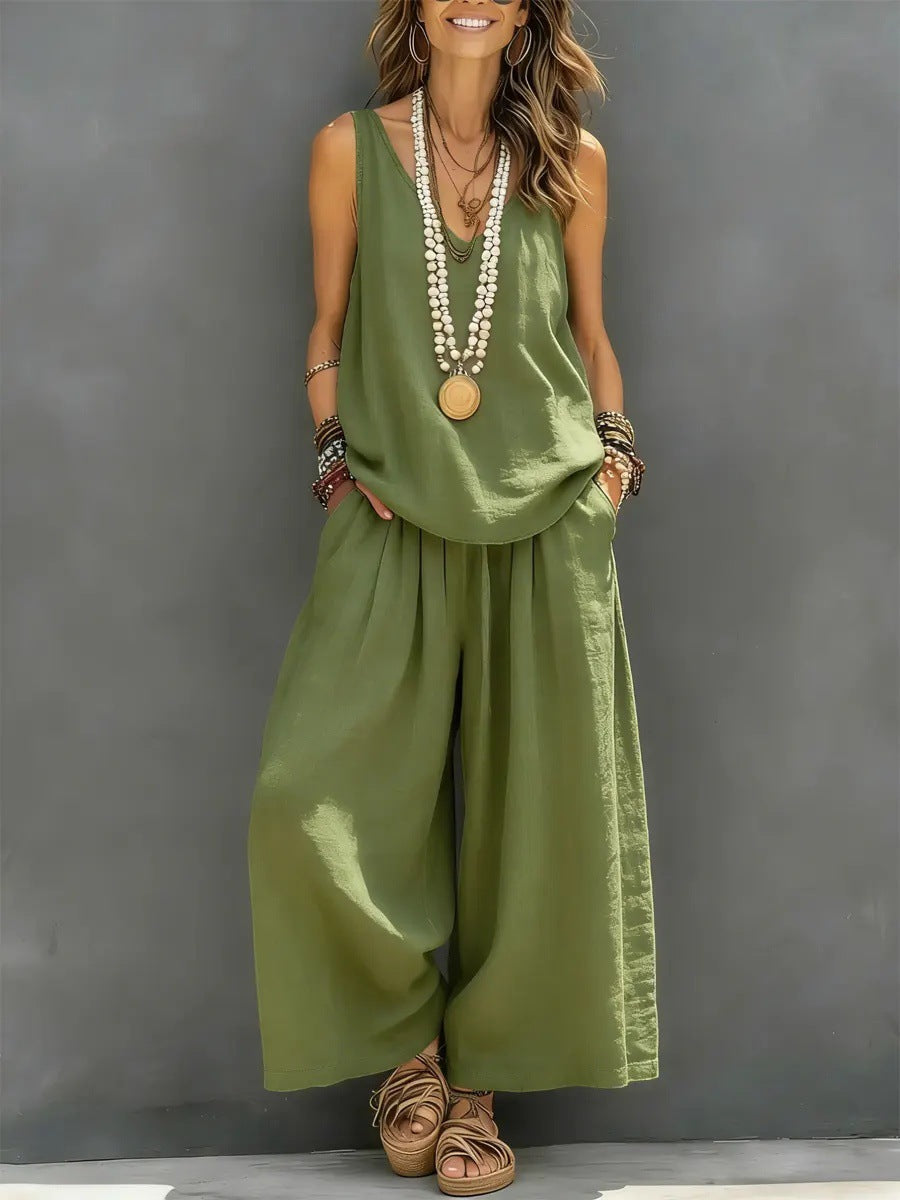 Loose Plus Size Elasticity Pleated Pockets Solid Color V-Neck Two Pieces Set