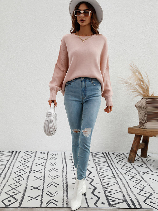 Casual Long Sleeves Loose Split-Side Solid Color Round-Neck Sweater Tops