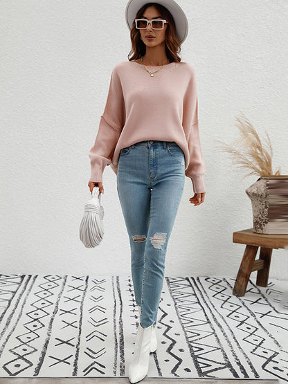 Casual Long Sleeves Loose Split-Side Solid Color Round-Neck Sweater Tops