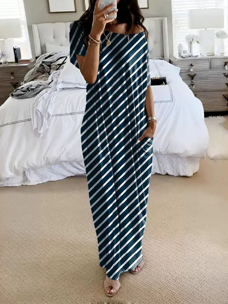 Striped Pockets Contrast Color Short Sleeves Plus Size One-shoulder Maxi Dresses