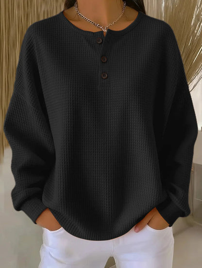 Solid Color Buttoned Plus Size Loose Round-neck Sweatshirt Tops