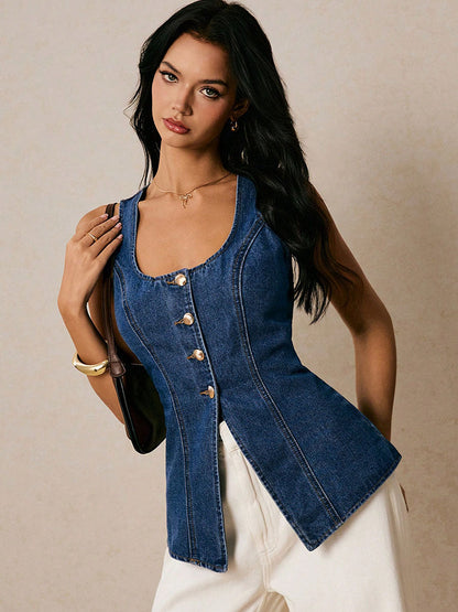 Sleeveless Buttoned Solid Color Tied Waist Square-Neck Vest Top