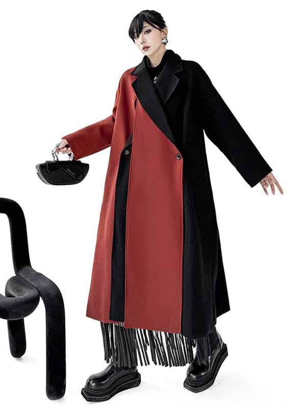 Irregularity Long Sleeves Buttoned Contrast Color Double-Breasted Split-Joint Tasseled Notched Collar Outerwear Overcoat