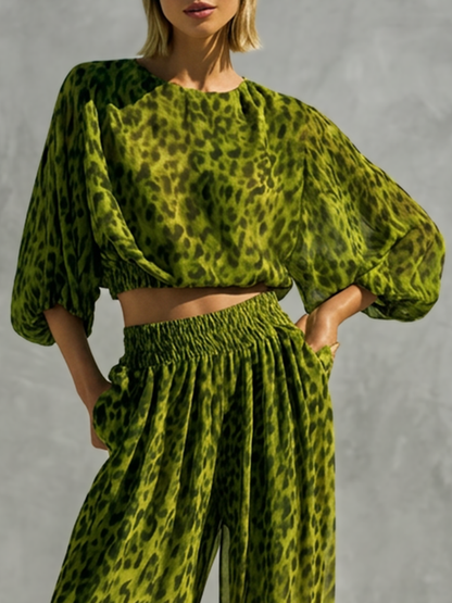 Cropped Long Sleeves Elasticity Leopard Printed Round-Neck Blouses&Shirts Tops