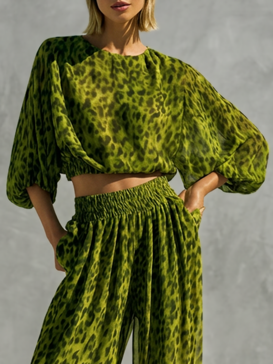 Cropped Long Sleeves Elasticity Leopard Printed Round-Neck Blouses&Shirts Tops