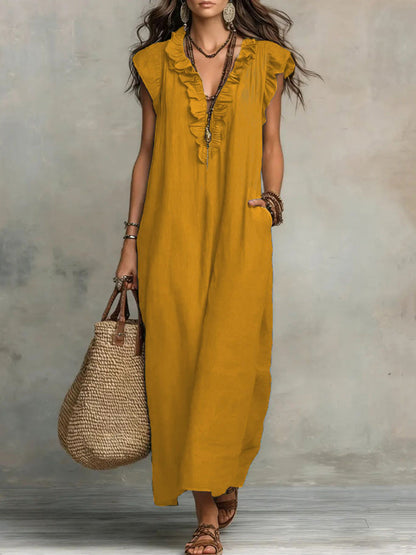 Loose Plus Size Pockets Ruffle Trim Solid Color V-Neck Maxi Dresses