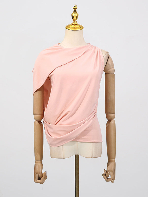 Loose Sleeveless Pleated Solid Color Round-Neck T-Shirts Tops