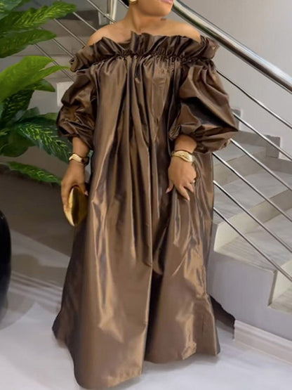 Loose Plus Size Falbala Pleated Solid Color Off-The-Shoulder Maxi Dresses
