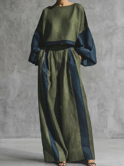 Split-Joint Pockets Elasticity Contrast Color Wide Leg High Waisted Trousers Pants