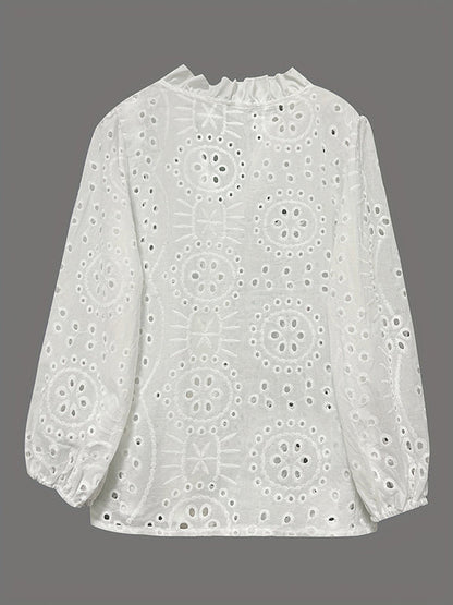 Irregularity Long Sleeves Buttoned Flower Shape Hollow See-Through Single-Breasted Solid Color Split-Joint V-Neck Blouses&Shirts Tops