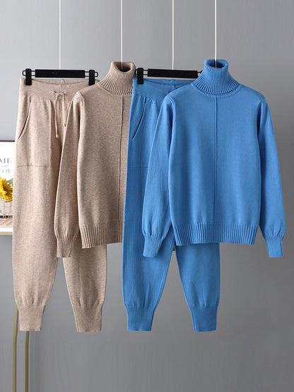 Casual Solid Long Sleeves High-Neck Sweater Tops & Drawstring Wide Leg Pants Suits