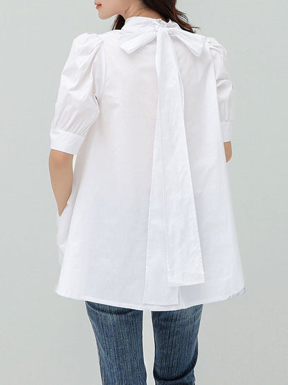 Casual Loose Bow-Embellished Solid Color Blouse
