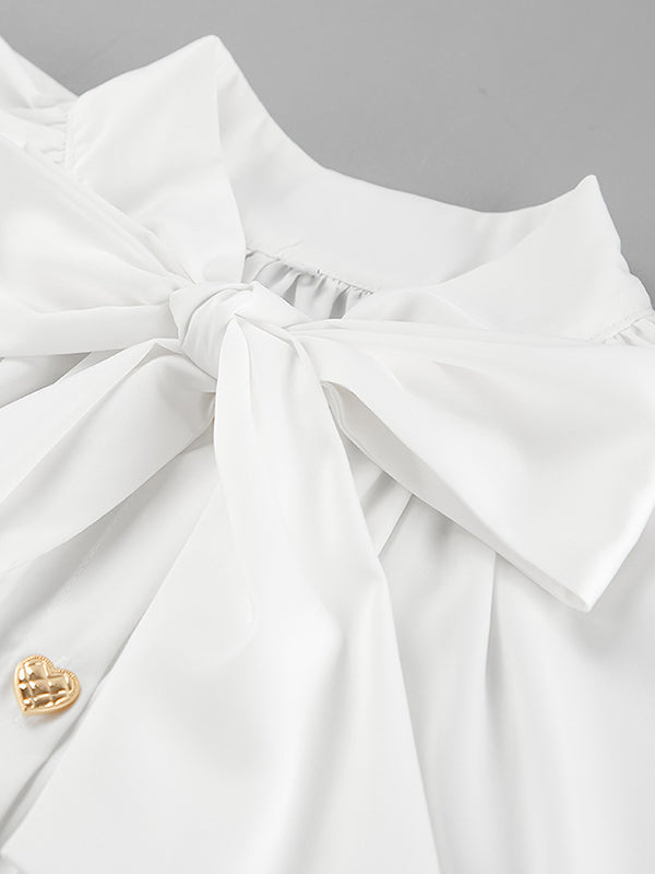 A-Line Flared Sleeves Buttoned Elasticity Pleated Solid Color Tied Zipper Stand Collar Mini Dresses