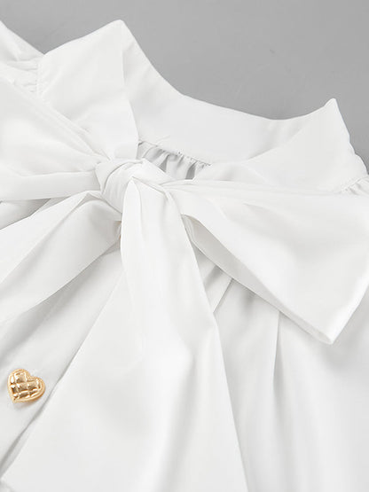 A-Line Flared Sleeves Buttoned Elasticity Pleated Solid Color Tied Zipper Stand Collar Mini Dresses