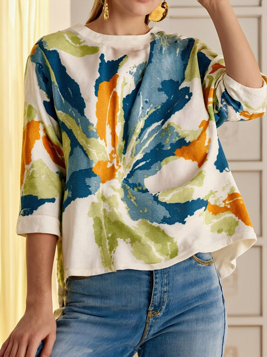 Half Sleeves Loose Buttoned Contrast Color Flower Print Round-neck T-Shirts Tops