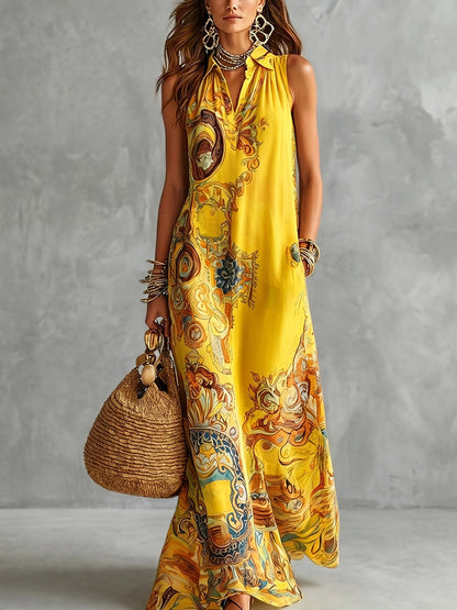 A-Line Loose Buttoned Contrast Color Pockets Printed Zipper Lapel Maxi Dresses Shirt Dress