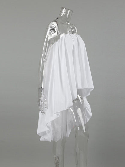 High-Low Sleeveless Elasticity Pleated Solid Color Split-Joint Tube Blouses&Shirts Tops