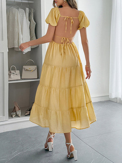 A-Line Loose Backless Pleated Solid Color Tied V-Neck Midi Dresses