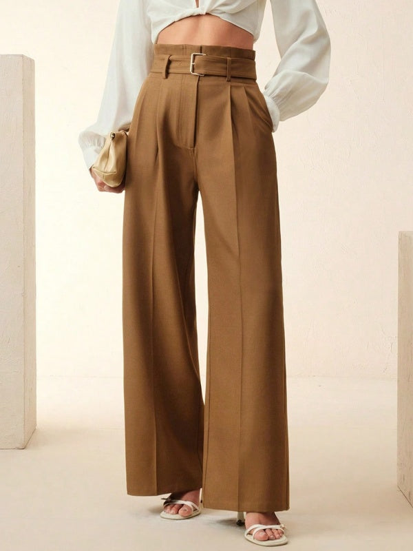Loose Straight Leg Belted Pockets Solid Color Zipper Casual Pants Bottoms Trousers