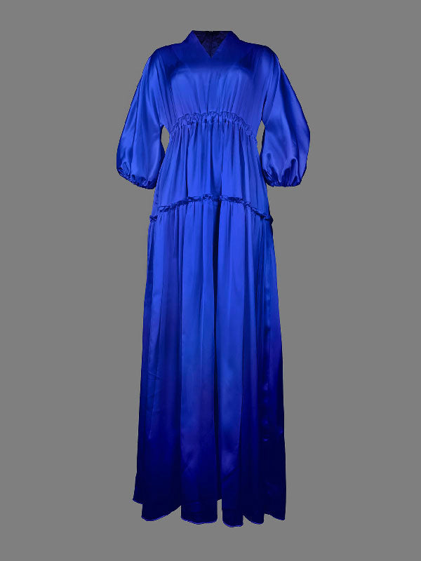 High Waisted Puff Sleeves Falbala Solid Color V-Neck Maxi Dresses