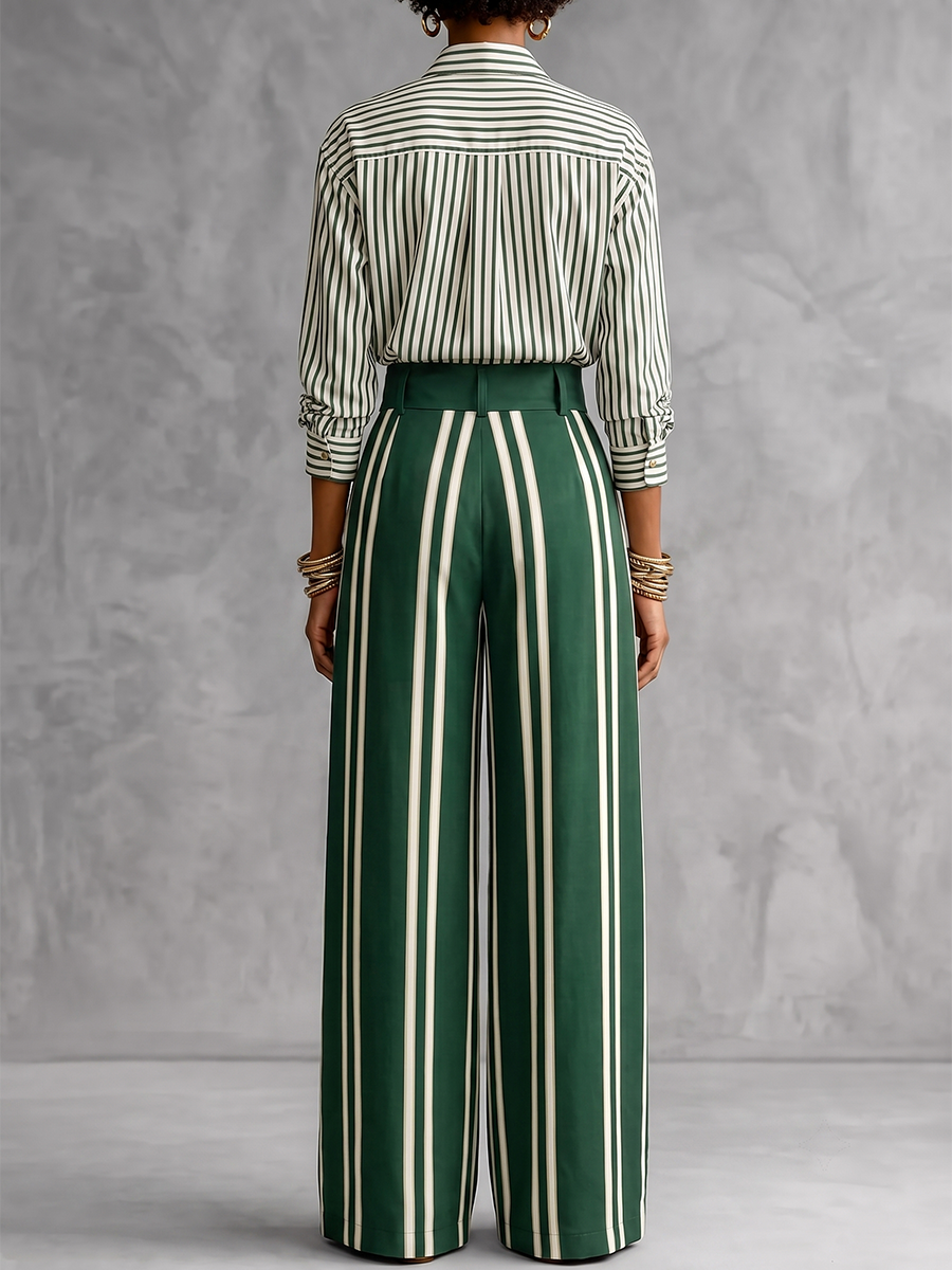 Striped Split-Joint Contrast Color Buttoned Three-quarter Sleeves Loose Lapel Blouses&shirts Tops