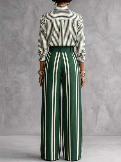 Striped Split-Joint Contrast Color Buttoned Three-quarter Sleeves Loose Lapel Blouses&shirts Tops