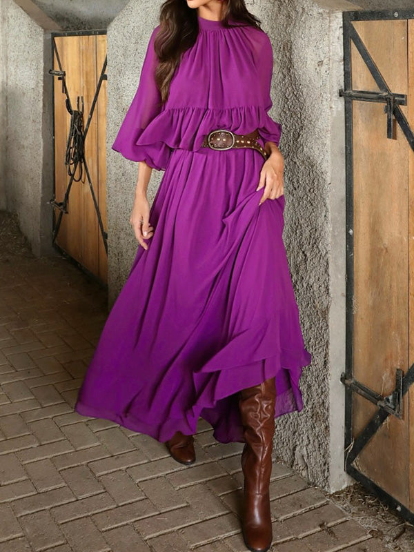 Flared Sleeves Loose Pleated Solid Color Split-Joint Round-Neck Maxi Dresses PURPLE
