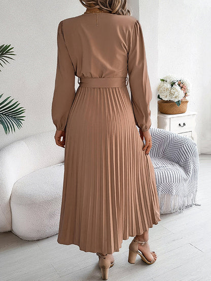 High Waisted Long Sleeves Belted Buttoned Pleated Solid Color V-Neck Maxi Dresses