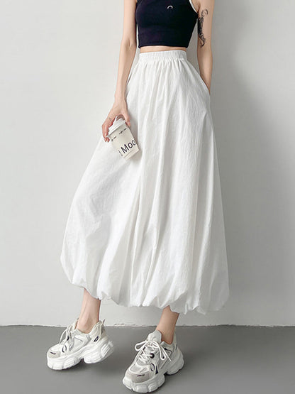 A-Line Loose Elasticity Pleated Pockets Solid Color Skirts Bottoms