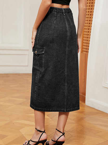 Loose Buttoned Pockets Split-Front Denim Skirts Bottoms