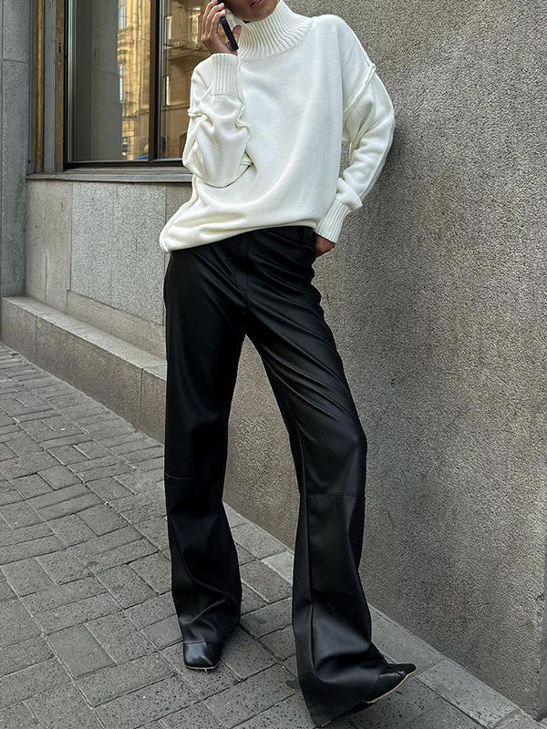 Long Sleeves Loose Solid Color Split-Joint High Neck Pullovers Sweater Tops