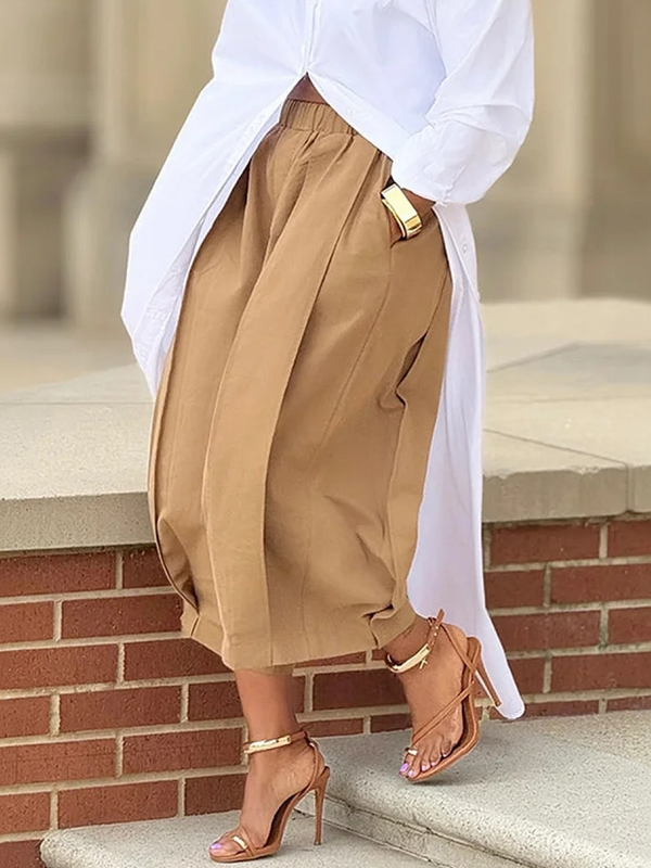 Solid Color Pockets Pleated Wide Leg Loose Pants