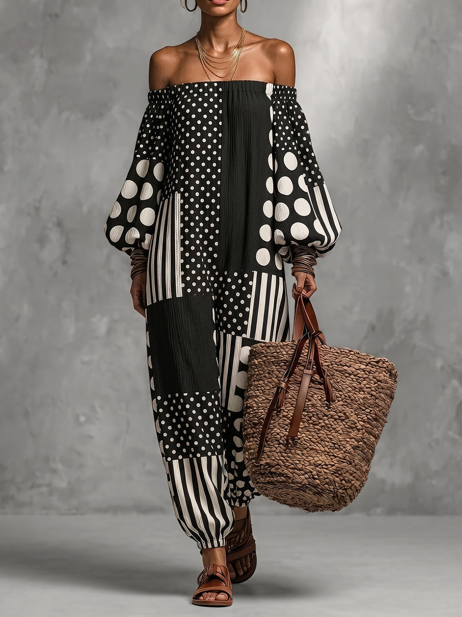 Long Sleeves Puff Sleeves Contrast Color Elasticity Polka Dot Split-Joint Striped Off-The-Shoulder Jumpsuits