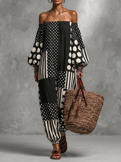 Long Sleeves Puff Sleeves Contrast Color Elasticity Polka Dot Split-Joint Striped Off-The-Shoulder Jumpsuits