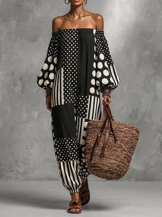 Long Sleeves Puff Sleeves Contrast Color Elasticity Polka Dot Split-Joint Striped Off-The-Shoulder Jumpsuits