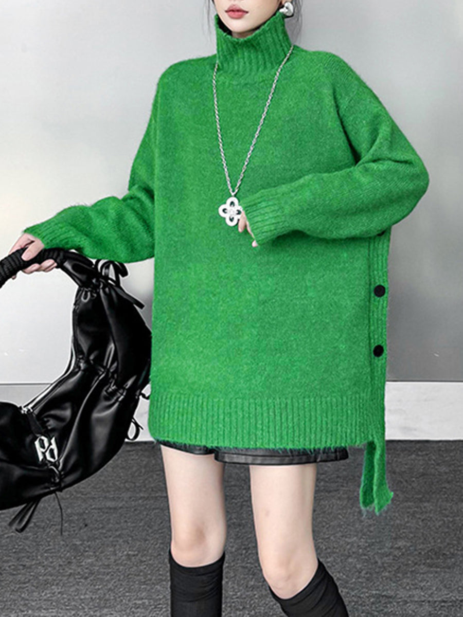 Irregularity Long Sleeves Buttoned Ribs Solid Color Split-Joint High Neck Sweater Tops