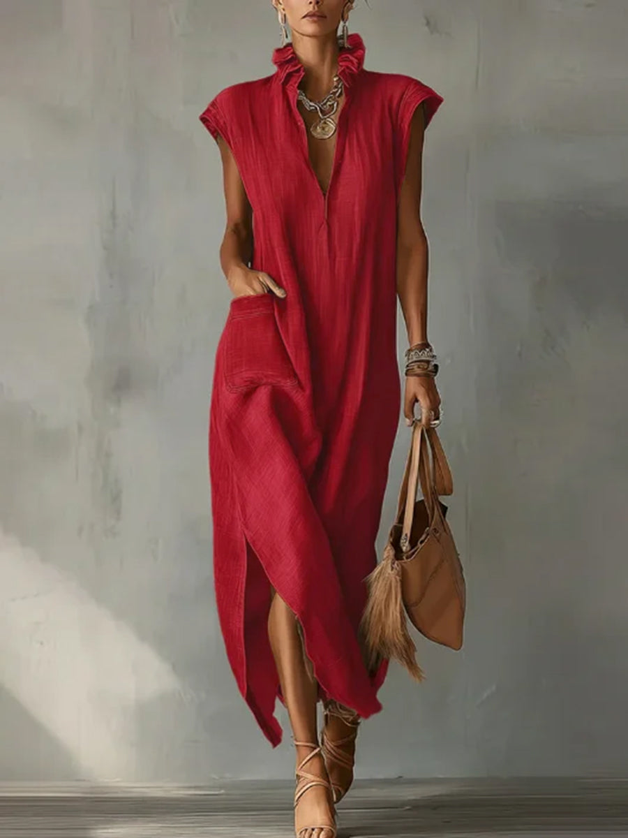 Loose Sleeveless Pockets Ruffled Solid Color Split-Side Stand Collar Maxi Dresses