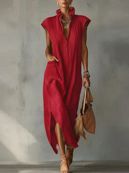 Loose Sleeveless Pockets Ruffled Solid Color Split-Side Stand Collar Maxi Dresses