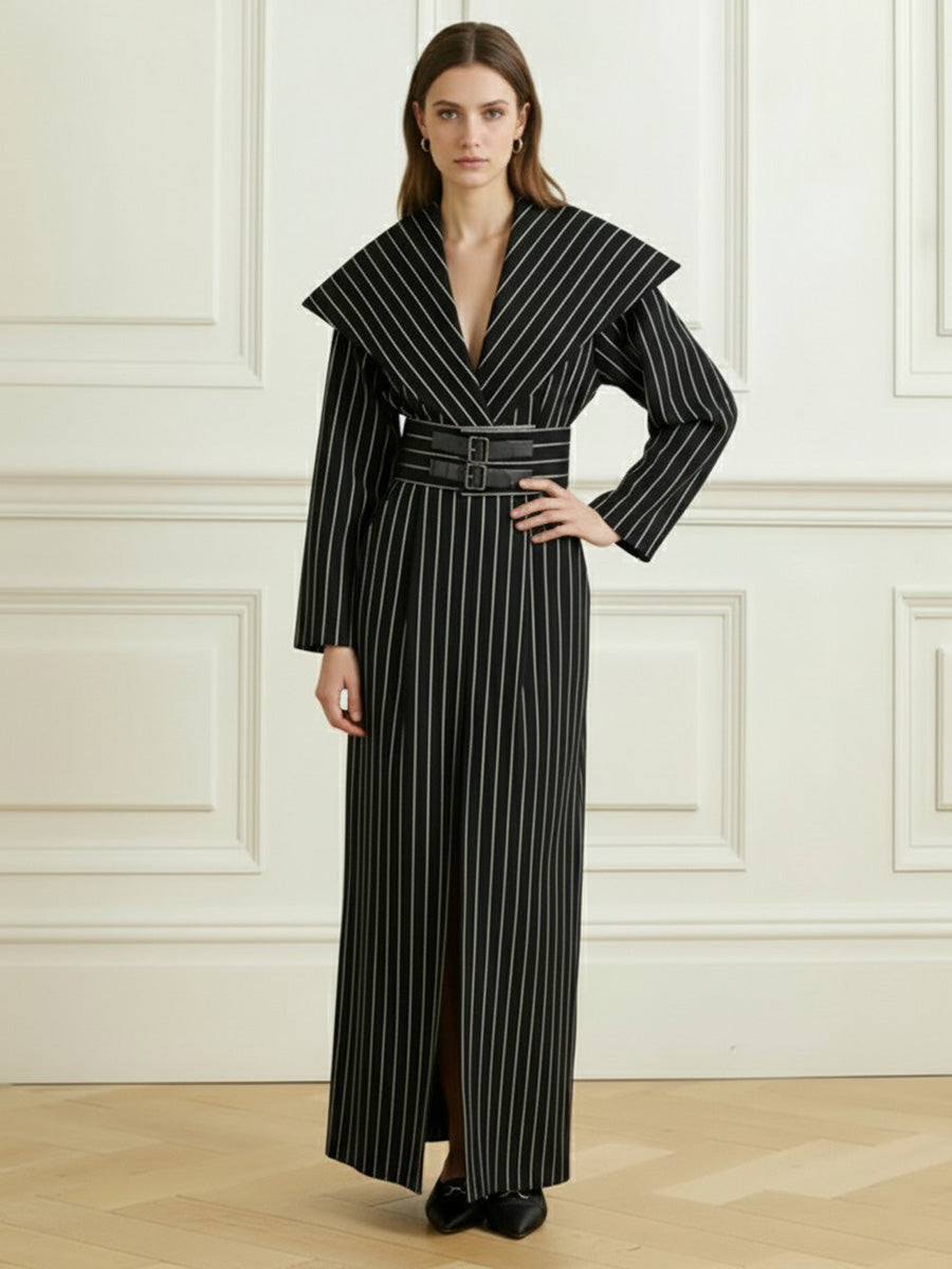 Bodycon Elasticated Waist Belted Contrast Color Split-Front Split-Joint Striped Deep V-Neck Blazer Maxi Dresses