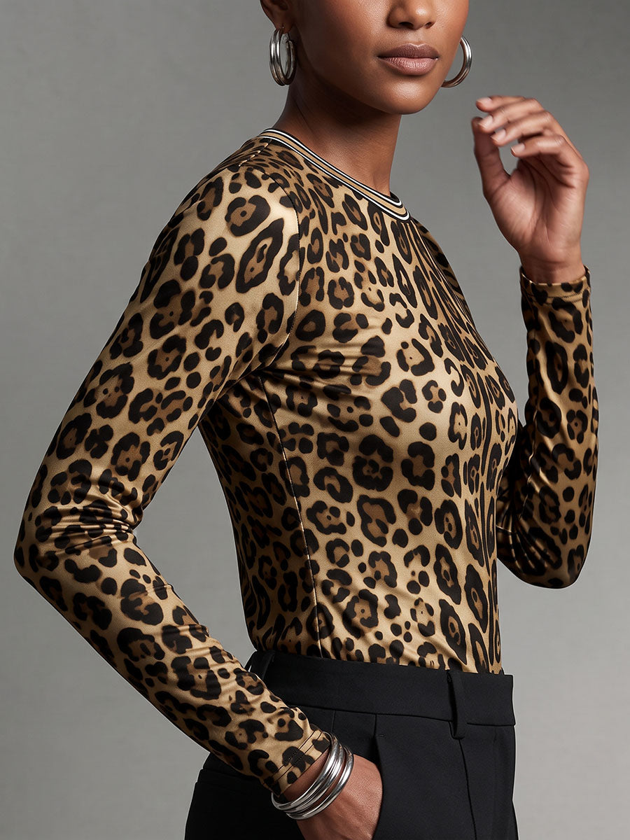 Leopard Skinny Long Sleeves Round-neck T-Shirts Tops