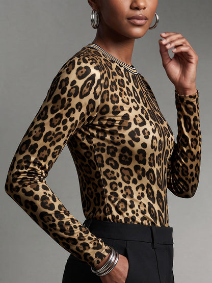 Leopard Skinny Long Sleeves Round-neck T-Shirts Tops