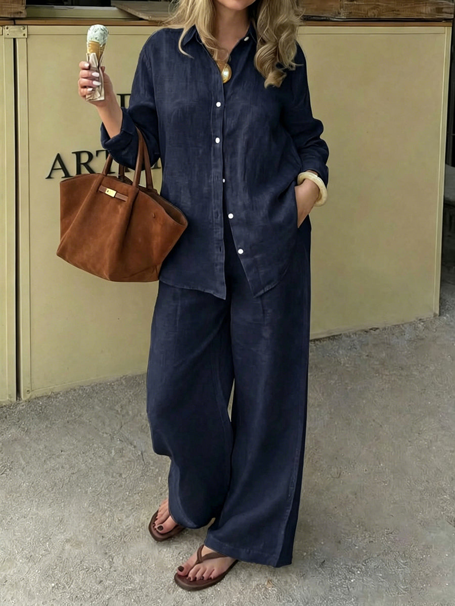 Solid Color Pockets Buttoned Plus Size Loose Lapel Two Pieces Set Trousers Pants Blouses&shirts Tops