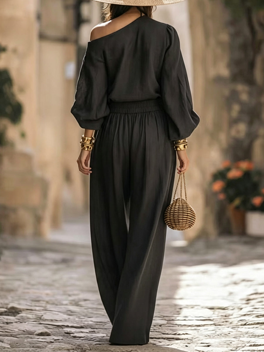 Split-Joint Solid Color Pockets Pleated Wide Leg Loose Trousers Pants