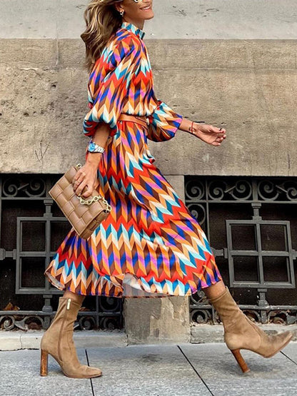 A-Line Long Sleeves Contrast Color Elasticity Pleated Stand Collar Midi Dresses